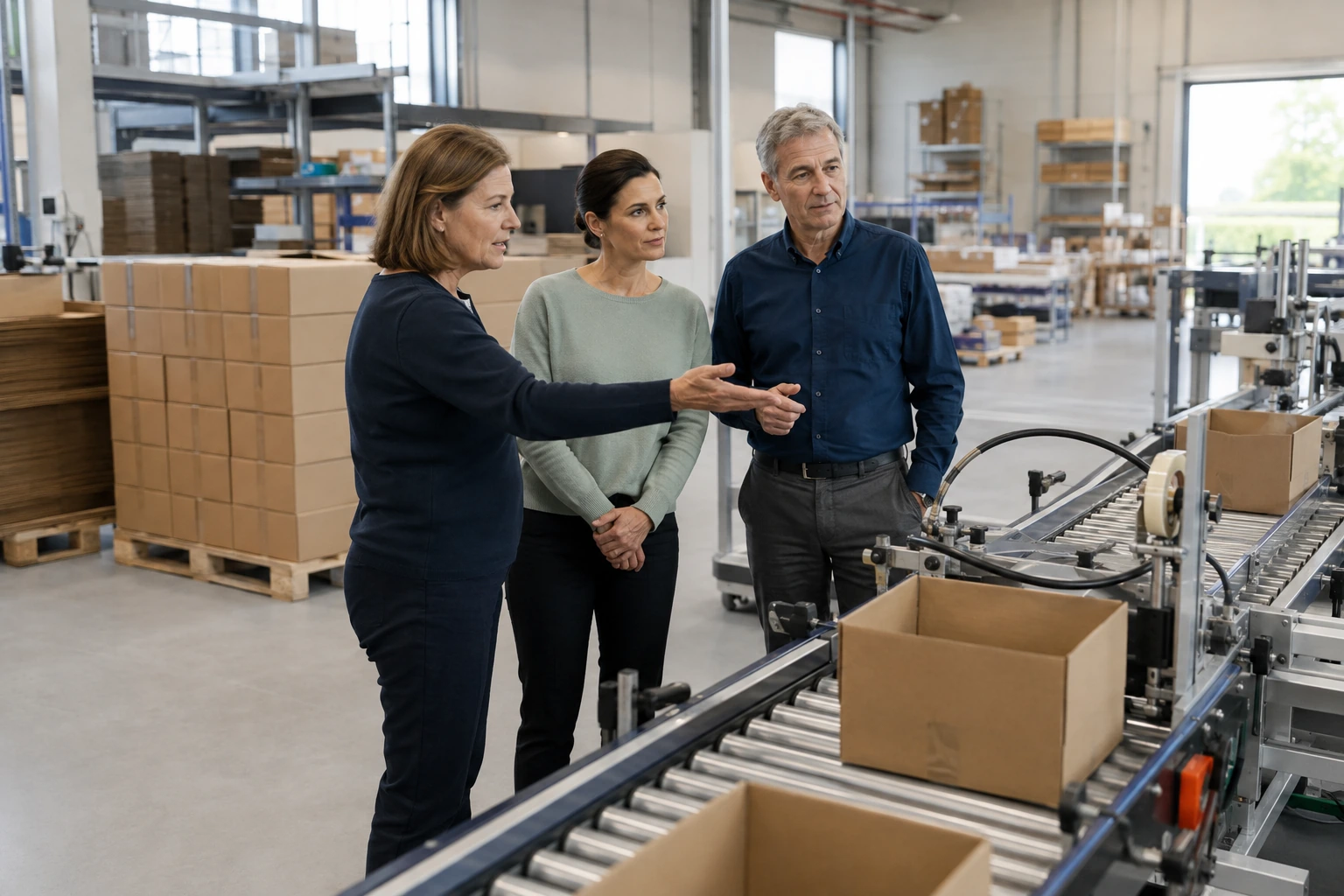 Drei Beteiligte besichtigen gemeinsam einen Verpackungsbetrieb